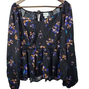 Ava + Viv Floral Square Neck Peasant Blouse Womens 1X